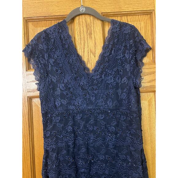 Marina Navy Beaded Lace Floor-Length Gown Sz 12 Prom Formal Evening Slit  Dress